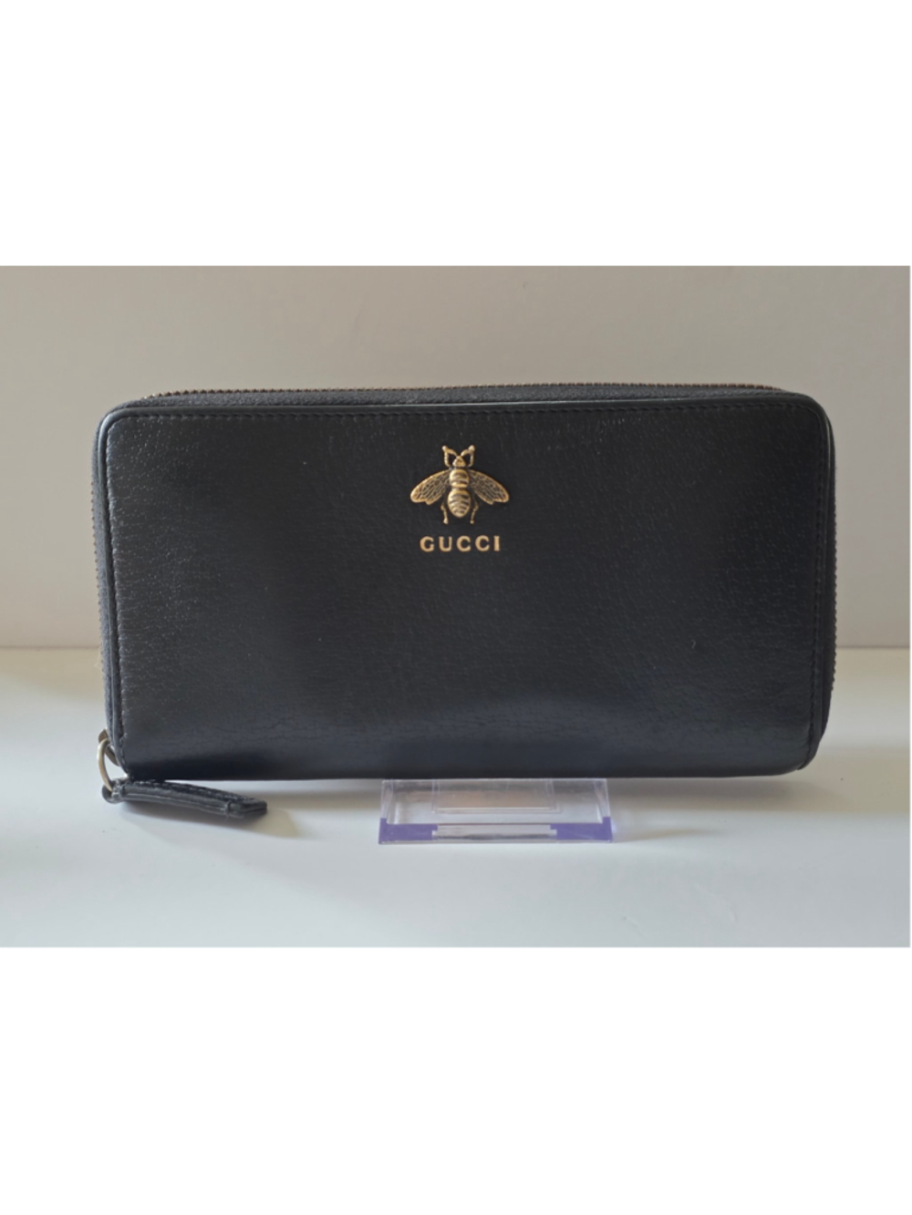 Gucci Animalier Bee Black Leather Zip Around Wallet